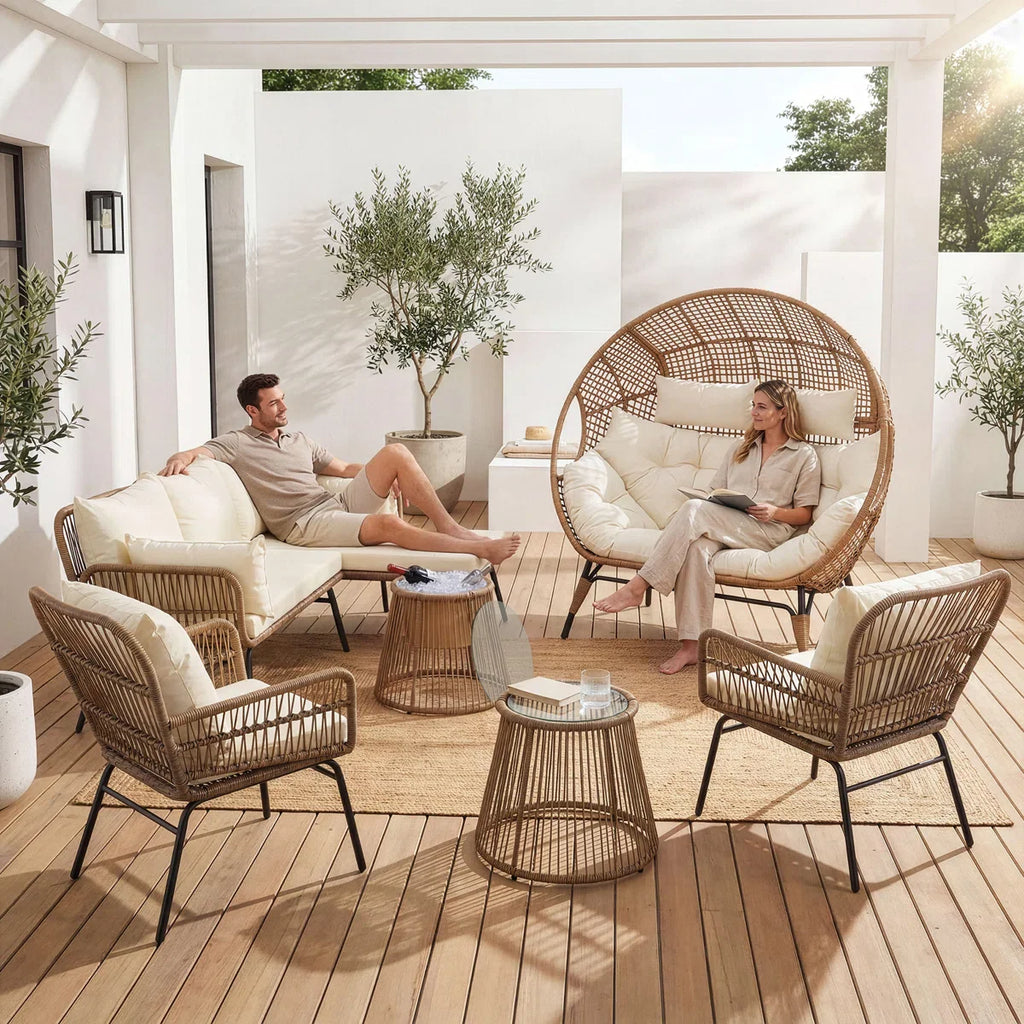 6 - Piece Outdoor Boho Patio Conversation Set with 2-Person Egg Chair and Ice Bucket Table