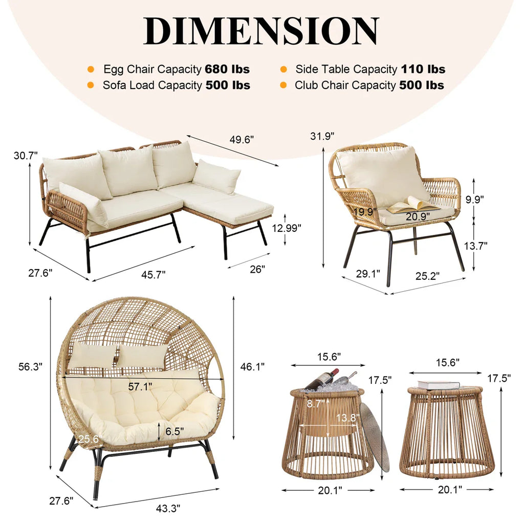 6 - Piece Outdoor Boho Patio Conversation Set with 2-Person Egg Chair and Ice Bucket Table