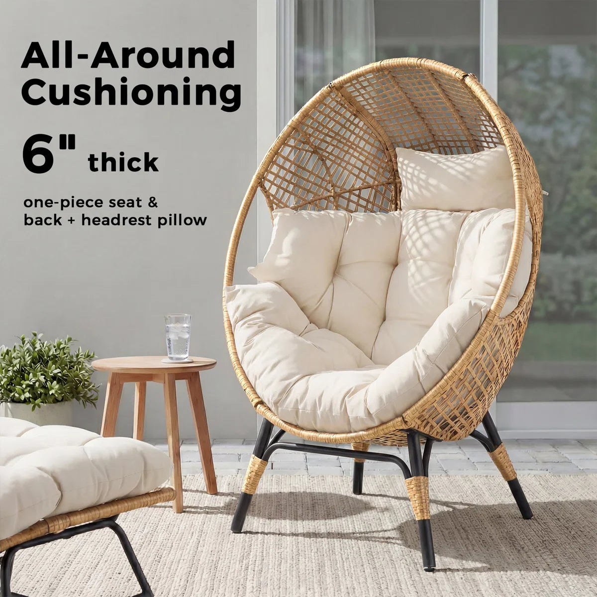 Indoor/Outdoor Wicker Egg Chair Set with Ottoman and Cushions