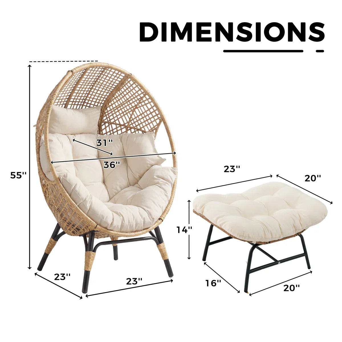 Indoor/Outdoor Wicker Egg Chair Set with Ottoman and Cushions
