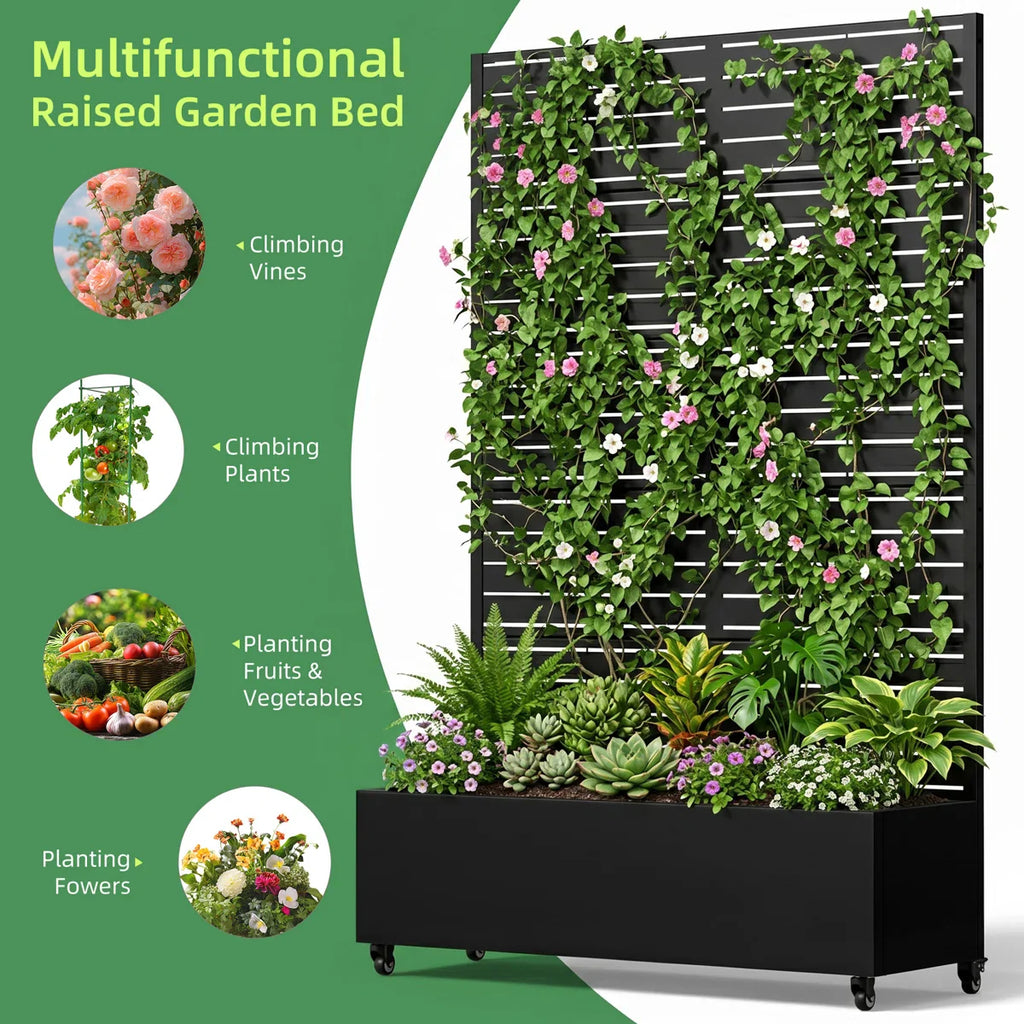 Outdoor Metal Rectangular Planter Box with Trellis and Wheels