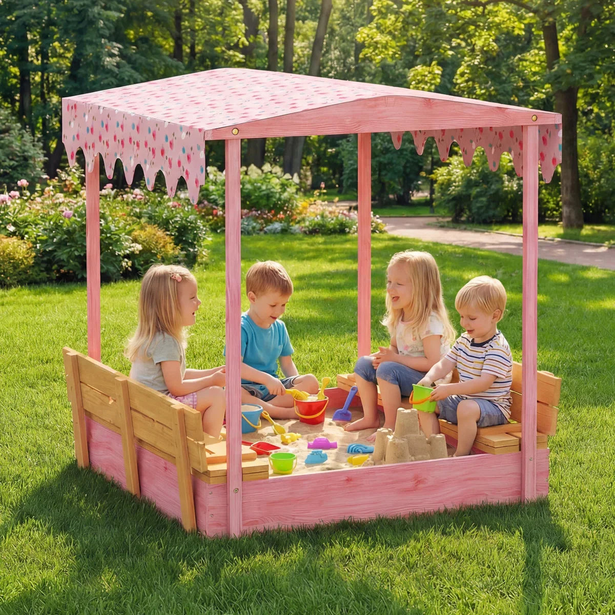 Pink Wooden Sandbox with Cover